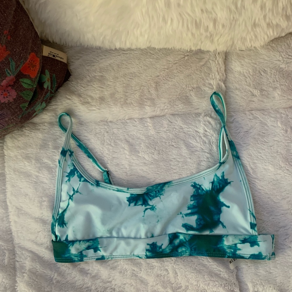 Tye dye patterned teal bikini top